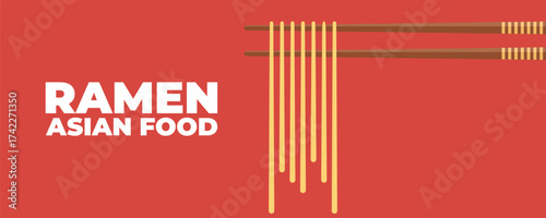 Ramen noodles on chopsticks banner for Asian and Japanese cuisine. Ideal for restaurant branding, menu design, packaging, social media posts, advertising, and food marketing materials