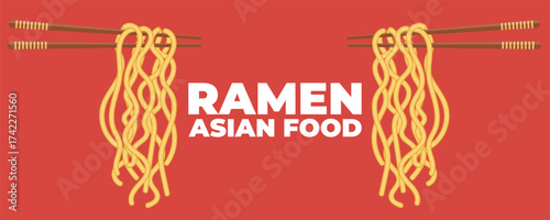 Ramen noodles on chopsticks banner for Asian and Japanese cuisine. Ideal for restaurant branding, menu design, packaging, social media posts, advertising, and food marketing materials