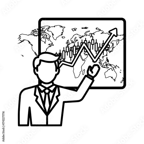 Businessman presenting financial growth chart on world map.