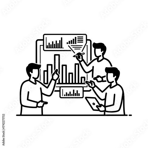 Teamwork and data analysis in a business meeting discussing charts and graphs.