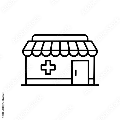 Vector art of line drawing of a pharmacy store with a cross symbol
