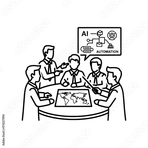 Team of professionals discussing AI automation strategy on a global map.