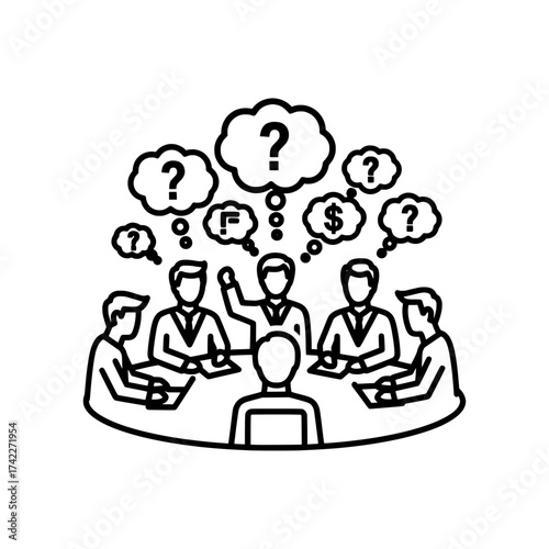 Business meeting with questions and financial concerns in the air.