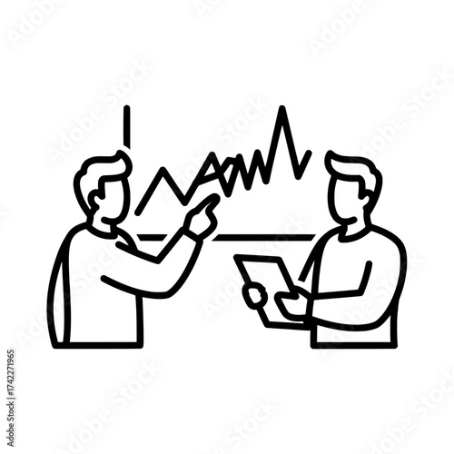 Business meeting discussing financial data analysis and market trends.