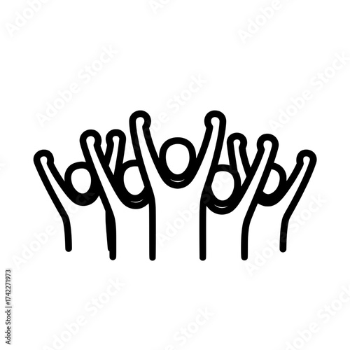 Group of people with arms raised in the air celebrating success and victory.