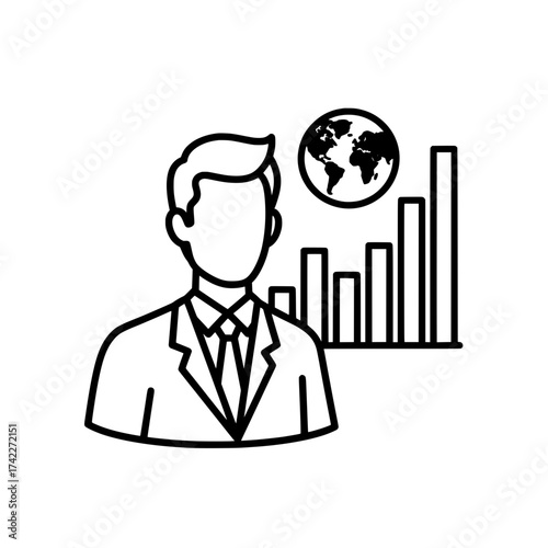 Business professional with global data analysis and market growth.