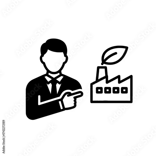 Man pointing at a factory with a leaf promoting sustainable industry.