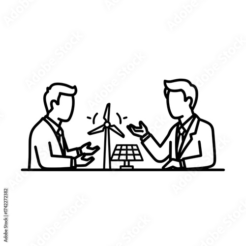 Two men discussing renewable energy sources wind turbine and solar panel.