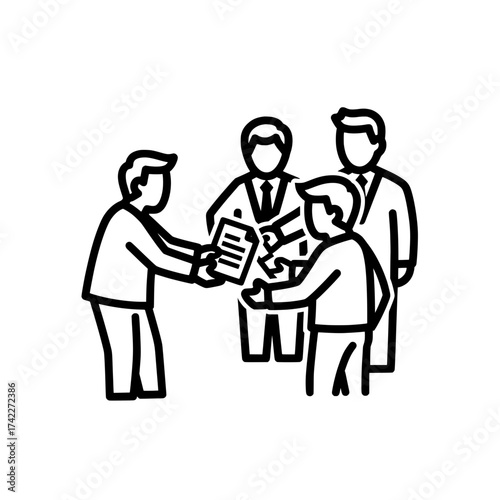 Business team meeting and document exchange for project planning.