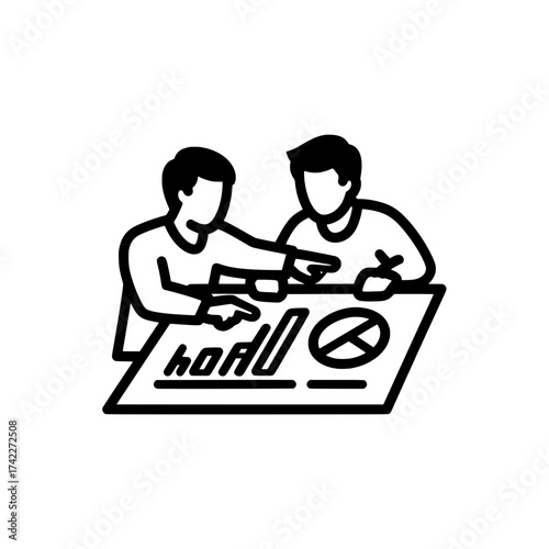 Two people are discussing and analyzing a business plan together.