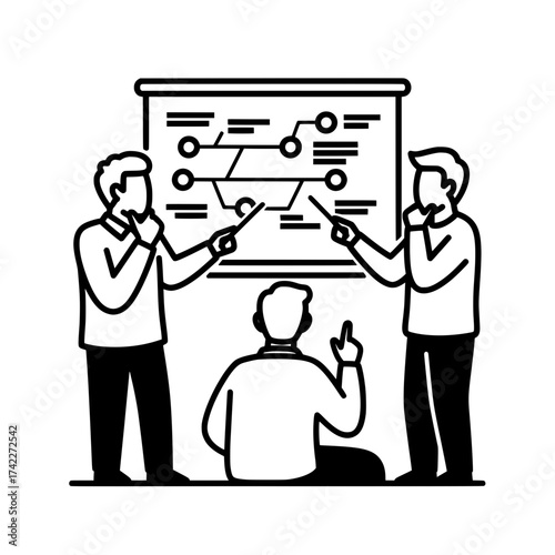 Business presentation with three people discussing a diagram on a board.