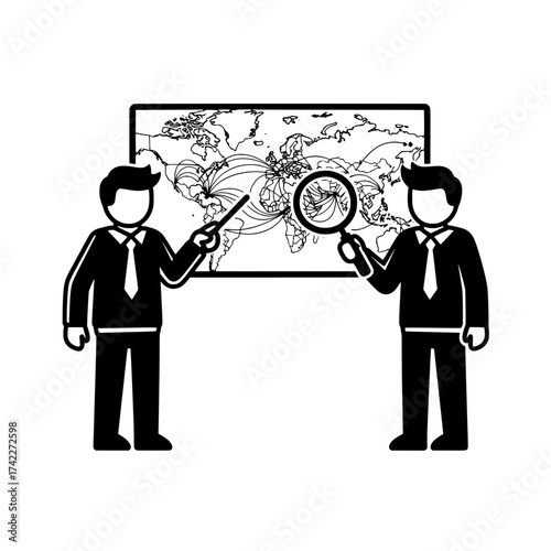 Business people analyzing global network map with magnifying glass.