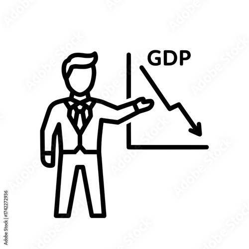 Businessman presenting a declining GDP chart economic downturn concept.