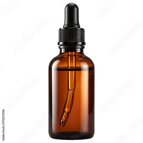 Amber glass dropper bottle with black pipette, ideal for essential oils or serums