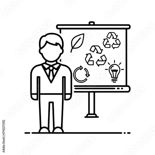 Man presenting environmental protection and recycling ideas on a board.