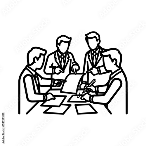 Business meeting with four people discussing and signing documents.