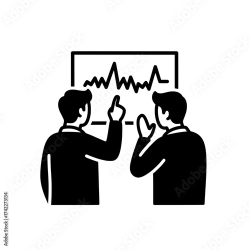 Business meeting discussing data analysis and financial performance on a graph.