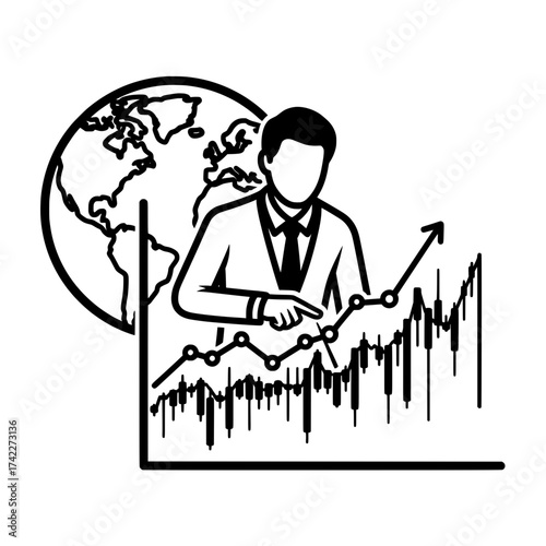 Global business growth analysis with businessman pointing at chart.