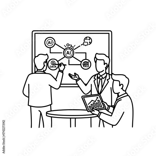 Business team discussing AI and data analysis on a whiteboard.