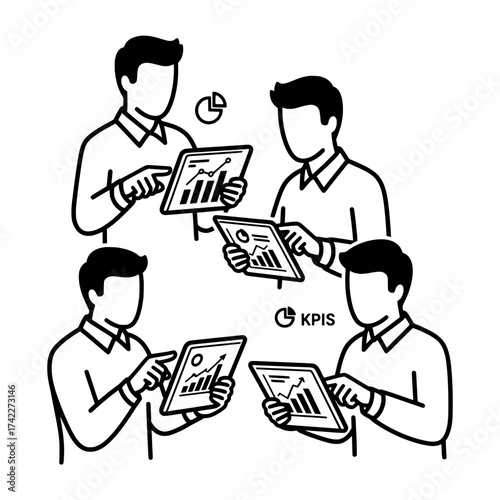 Business professionals analyzing data on tablets KPI concept teamwork and analytics.