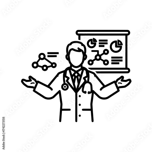 Doctor presenting medical data with charts and diagrams for analysis.