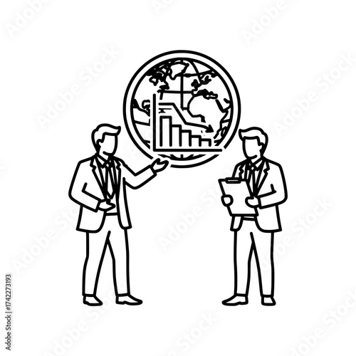 Business professionals discussing global economic trends and financial data analysis.