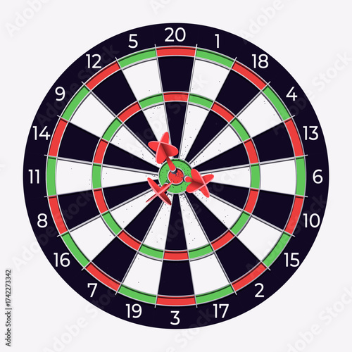 Vector illustration of a dartboard with darts isolated on white background. Classic target with bullseye and numbered segments. For sports, games, entertainment, and recreational design projects.