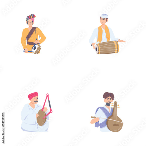 Indian Folk Musicians Vector Illustration on White Background
