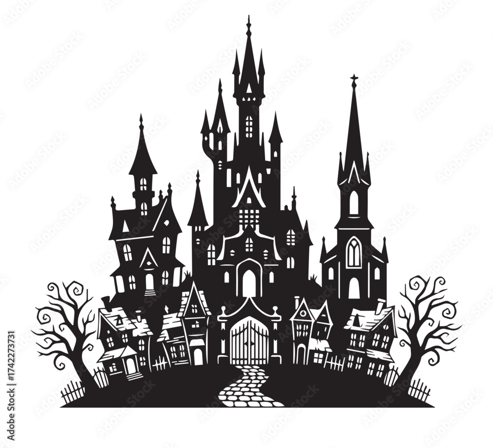 Obraz premium Enchanting Silhouette Spooky Gothic Castle and Quirky Town Scene for Halloween Concept Illustrations