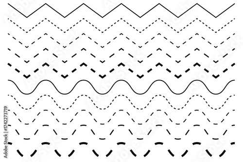 Tracing Lines Worksheet Vector Set. Educational Zigzag and Wavy Patterns with Dotted and Dashed Styles