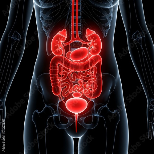 Highlighted human digestive system anatomy with bladder, kidney and intestine