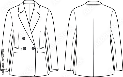 CAD drawing flat vector illustration, double breasted women’s blazer front and back fashion sketch, jacket technical design template.