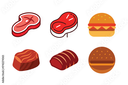 Stylized assortment of delicious meats and burgers illustration