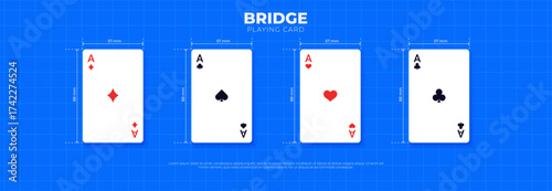 Vector illustration of playing cards for poker showing their dimensions. Size layout guides. Spade, heart, club, and diamond aces. For card game design, and educational or graphic projects.