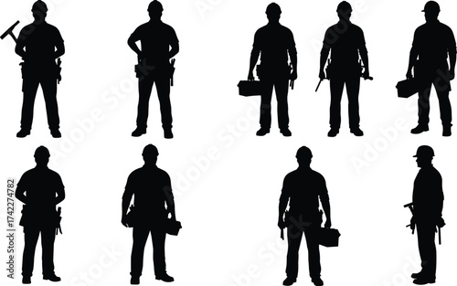 Silhouette illustration of construction workers with tools and helmets representing industrial teamwork, labor safety, engineering, and professional repair concept