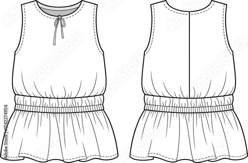 cad drawing flat vector illustration, casual sleeveless top with round neck, elastic waist, front bow tie detail, relaxed loose fit blouse