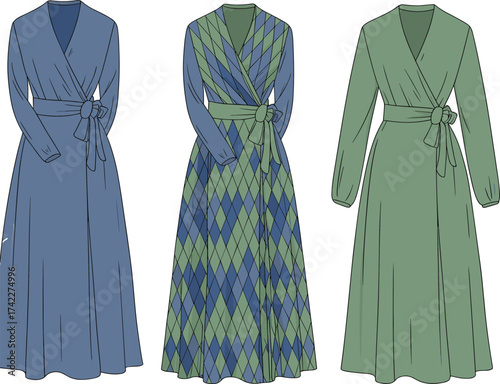 cad drawing flat vector illustration, long sleeve wrap dress design, belted waist, elegant maxi dress with simple and patterned fabric variations