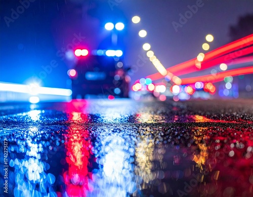 Law Enforcement at Night with Flashing Red and Blue Sirens on Wet Asphalt
