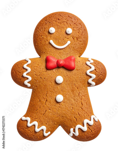 A festive gingerbread man cookie decorated with icing and a red bow tie.