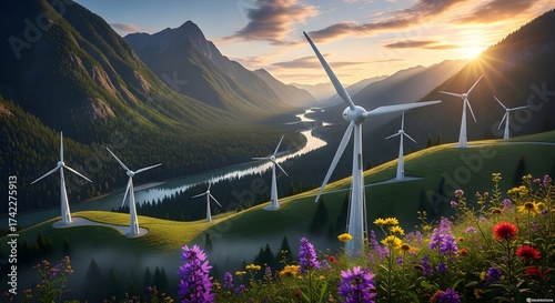 Modern wind turbines with solar panels stand tall above a misty mountain landscape at sunrise, overlooking a winding river, representing clean energy, eco innovation, and the harmony of technology wit