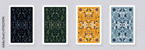 Vector set of playing card backs in different color variations. Decorative patterns for decks. Perfect for poker, casino, gambling, bridge, and entertainment game designs.