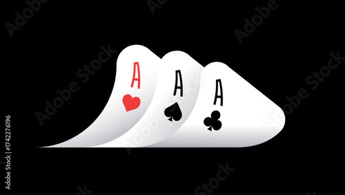 Vector illustration of playing cards with bent corners showing rank and suit. Protection your hand. Edges folded down to peek cards. Three aces. For casino, gambling, and entertainment designs.