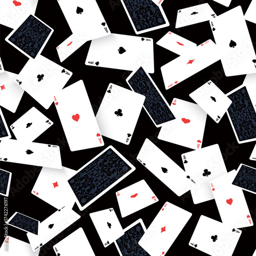 Seamless pattern. Vector illustration of playing cards floating in the air. Spade, heart, club, and diamond aces in dynamic arrangement. For poker, casino, gambling, entertainment, graphic projects.