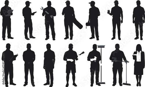 Silhouette of diverse workers and professionals in various occupations vector illustration showing service, labor, and business job concept design