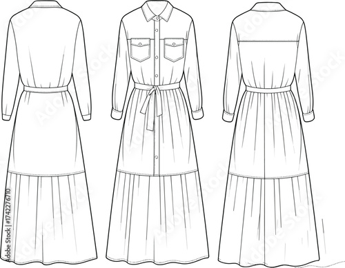 cad drawing flat vector illustration, detailed shirt dress design with front pockets, button-down closure, belt waist, tiered skirt, fashion technical sketch