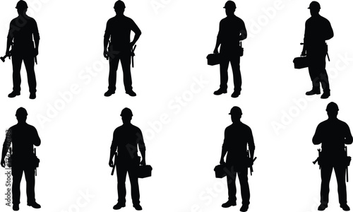 Silhouette illustration of construction workers wearing safety helmets holding tools and toolboxes representing labor, teamwork, engineering, and industrial profession concept