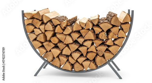 Firewood neatly stacked in a modern metal log holder isolated on white background, ready for a cozy winter evening