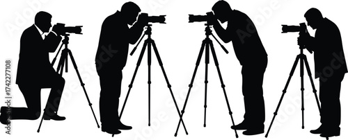 Silhouette photographers taking pictures using professional cameras and tripods in different poses creative photography concept vector illustration design