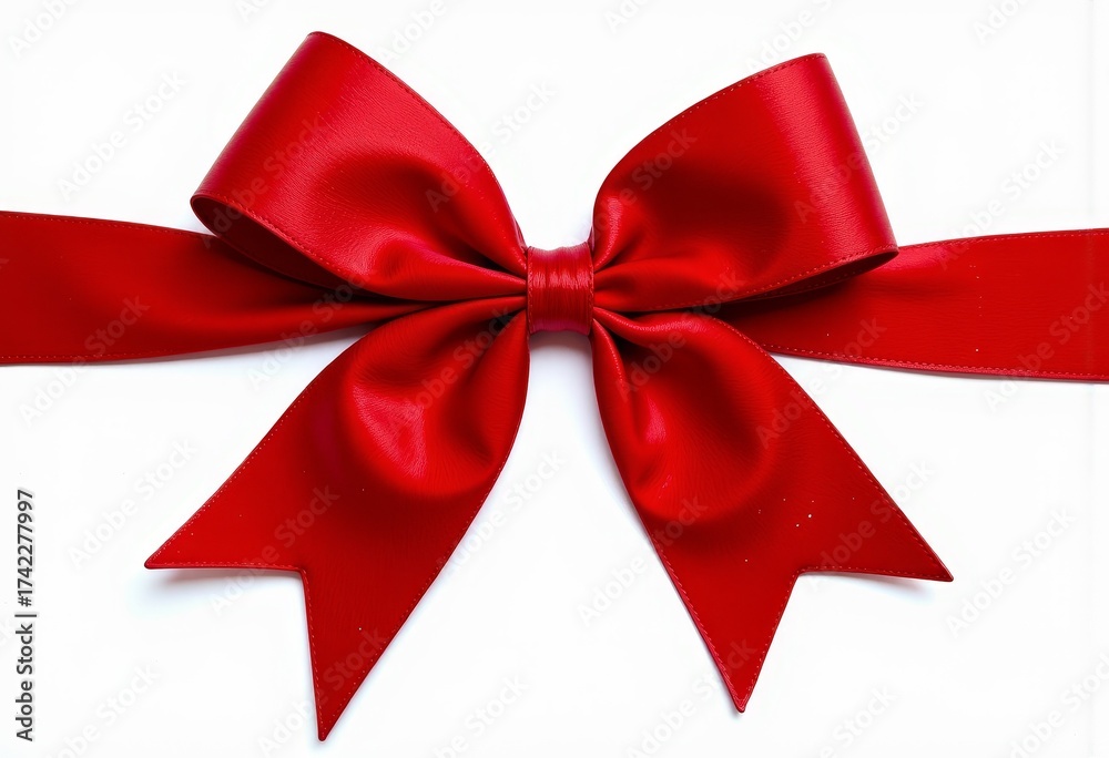 Fototapeta premium Elegant Vibrant Red Satin Bow with Glossy Finish and Long Tails Resting on Smooth Ribbon, Perfect for Gift Wrapping or Festive Decoration
