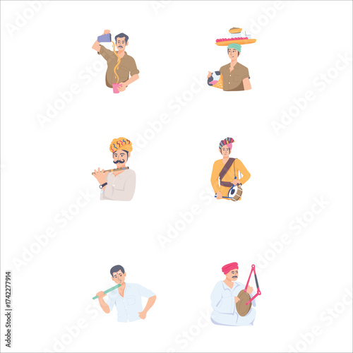 Traditional Indian Characters Vector Set – Folk Musicians and Rural People Illustration